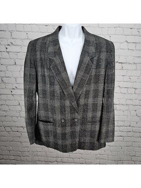 VTG Mark Shale Grey Check Double Breasted Notch Blazer Sport Coat USA 42